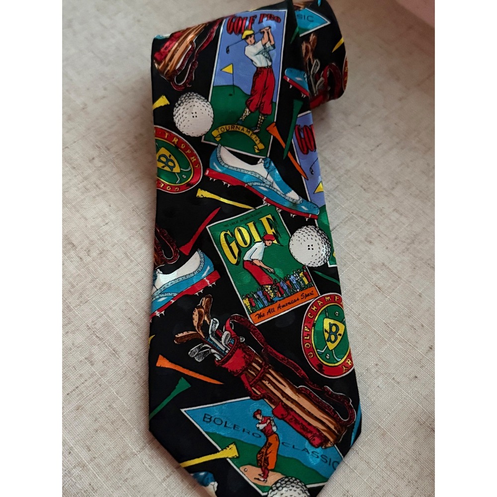Addiction Mens Vintage Golf Novelty Silk Tie Black Sports Theme Hand Made 0969